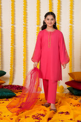 Shocking Pink Cotton 3 Pcs Suit Multihead Embroidery with Net Dopata