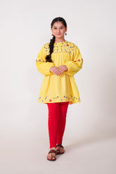 Yellow Embroidered Khaddar Top for Girls | Winter Floral Tunic
