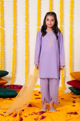 Girls Lavender Cambric Cotton Winter Suit with Gold Tilla Embroidery & Tulip Trouser