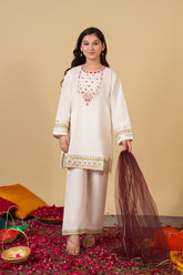 Girls Embroidered Cotton Suit with Net Dupatta – 3 Piece Set