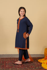 Chambaili 3-Piece Suit – Navy Blue with Orange Embroidery | 100% Cotton