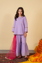 Lavender Gharara Suit with Short Shirt & Net Dupatta | Festive Kidswear