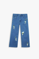 Kids Snoopy Embroidered Denim Pants | Wide-Leg Blue Jeans