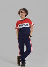 Kids "EVERYDAY" Printed Cotton Interlock T-Shirt & Pants Set – Red, White & Navy