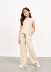 Girls Beige Ribbed Co-Ord Set | Soft Cotton Lounge Wear for Kids