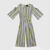 Fashion All Over Stripes Printed Soft Cotton Frill Jumpsuit