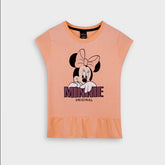 Girls Pure Cotton Peach Minnie Slogan Printed Frock
