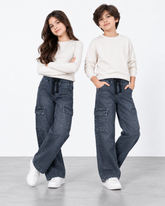Kids 6 Pockets Grey Denim Cargo Pants | Wide Leg Utility Trousers
