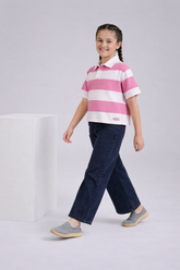 Girl's Pink & White Striped Boxy Fit Polo Shirt