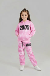 Kids Pink Tie & Dye Tracksuit – 100% Cotton Terry Hoodie & Joggers Set