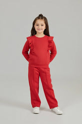 Cherry Red Quilted Ruffle Suit for Girls | Winter 2-Piece Set