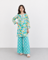 Girls Turquoise Floral Printed 2 Piece Lawn Suit with Lace Detail | Kids Summer Eastern Wear