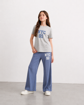Girls NYC 80 Ribbed Co-Ord Set – Grey Graphic Tee & Blue Wide Leg Pants