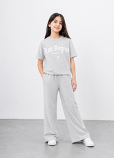 Girls Grey Ribbed "Los Angeles" Matching Co-ord Set | Crop Top & Wide-Leg Pants