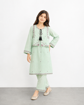 Girls Mint Green Embroidered Koti Suit with Farshi Shalwar | Onion Outfits