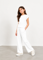 Girls Snow White Ribbed Co-Ord Set | Soft Cotton Wide Leg Lounge Set for Kids