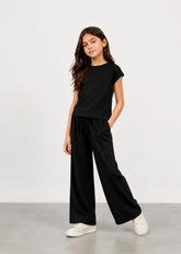 Girls Black Ribbed Co-Ord Set | Premium Cotton Wide Leg Lounge Set