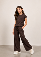 Girls Brown Ribbed Co-Ord Set | Premium Cotton Wide Leg Lounge Set