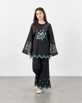 Girls Black Embroidered Kurti Trouser Set – Floral & Bird Design Wide Leg Co-Ord Outfit