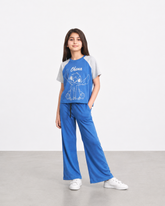 Girls Ohana Stitch Ribbed Co-Ord Set – Blue Short Sleeve T-Shirt & Wide Leg Pants