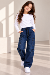 Girls 8-Pocket Dark Blue Wide Leg Jeans – 100% Cotton Stretch Denim