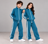 Kids Teal Blue Cotton Fleece Tracksuit with White Stripes