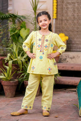 Pastel Yellow Embroidered Kurta & Pant Set for Girls