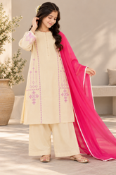 Girls Cream Embroidered 3-Piece Suit with Pink Dupatta