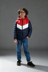 Red & Navy Kids Puffer Jacket | Warm Winter Hooded Puffer Jacker