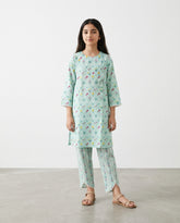 Girls Pastel Blue Floral Printed 2-Piece Co-Ord Set | Embroidered Lawn Kurta & Wide-Leg Trousers