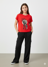 Girls' 100% Cotton 1x1 Rib 2-Piece Set – Boxy Puff-Print Tee & Wide-Leg Cargo Trousers