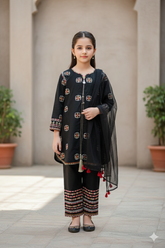 Girls Black Cotton Sequin Embroidered Ethnic Suit with Net Dupatta – Festive & Party Wear