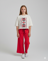 Girls' 100% Cotton 1x1 Rib Two-Piece Set – Boxy Nordic-Print Tee & Wide-Leg Trousers