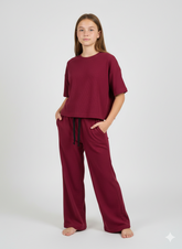 Girls' Premium 100% Cotton 1x1 Deep Burgundy Rib Two-Piece Set – Boxy Tee & Wide-Leg Trouser