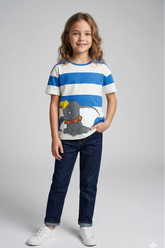 Blue & White Striped Dumbo Graphic Long T-Shirt for Kids | 100% Cotton