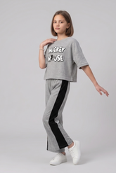 Girls Casual Grey Mickey Mouse Lounge Set with Side Stripe Trousers