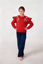Girls Red Fleece Sweatshirt with Floral Embroidery & Ruffle Shoulders