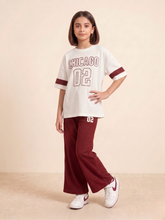 Chicago 02 Premium Ribbed Co-ord Set for Girls | Maroon Wide-Leg Trousers & Graphic Tee