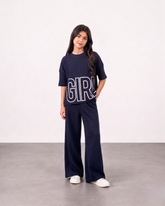 Girls Navy Blue Ribbed 2-Piece Matching Set – "GIRL" Graphic Top & Wide Leg Pants