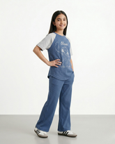 Girls Ohana Stitch Ribbed Co-Ord Set – Blue Short Sleeve T-Shirt & Wide Leg Pants