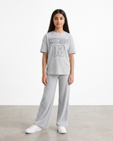 Girls Grey Ribbed 2-Piece Co-ord Set | Chicago 02 Graphic Tee & Wide Leg Trousers