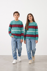 Jeep Aqua Blue Striped Cotton Sweater – 100% Cotton | Cozy Winter Wear for Kids