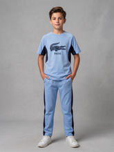 Boys Light Blue Crocodile Print T-Shirt & Jogger Set – Casual Kids Outfit with Contrast Panels and Sneakers Style