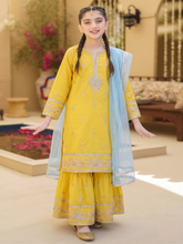Girls Yellow Embroidered 3-Piece Suit – 100% Cotton Kurta Gharara Dupatta Set