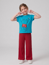 Girls Teal Graphic T-Shirt with Red Trouser Set – 100% Cotton Comfy Kids Outfit