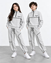 Kids Light Grey Fleece Tracksuit Set | Quarter-Zip Sweatshirt & Jogger