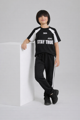 Boys' "STAY TRUE" Athletic Tracksuit – Black & White Co-ord Set