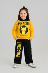 Pokémon Pikachu Girls Tracksuit – Yellow Hoodie & Black Wide-Leg Pants | 100% Cotton Fleece