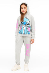 Stitch Printed Fleece Tracksuit – Short Body Hoodie & Jogger Set for Kids