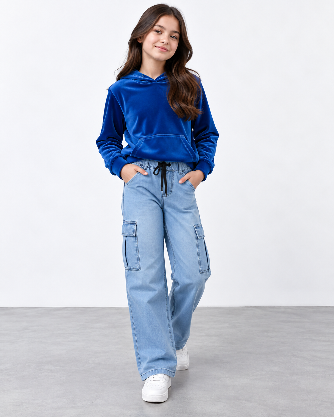 Kids Wide-Leg Denim Cargo Pants – Light Blue